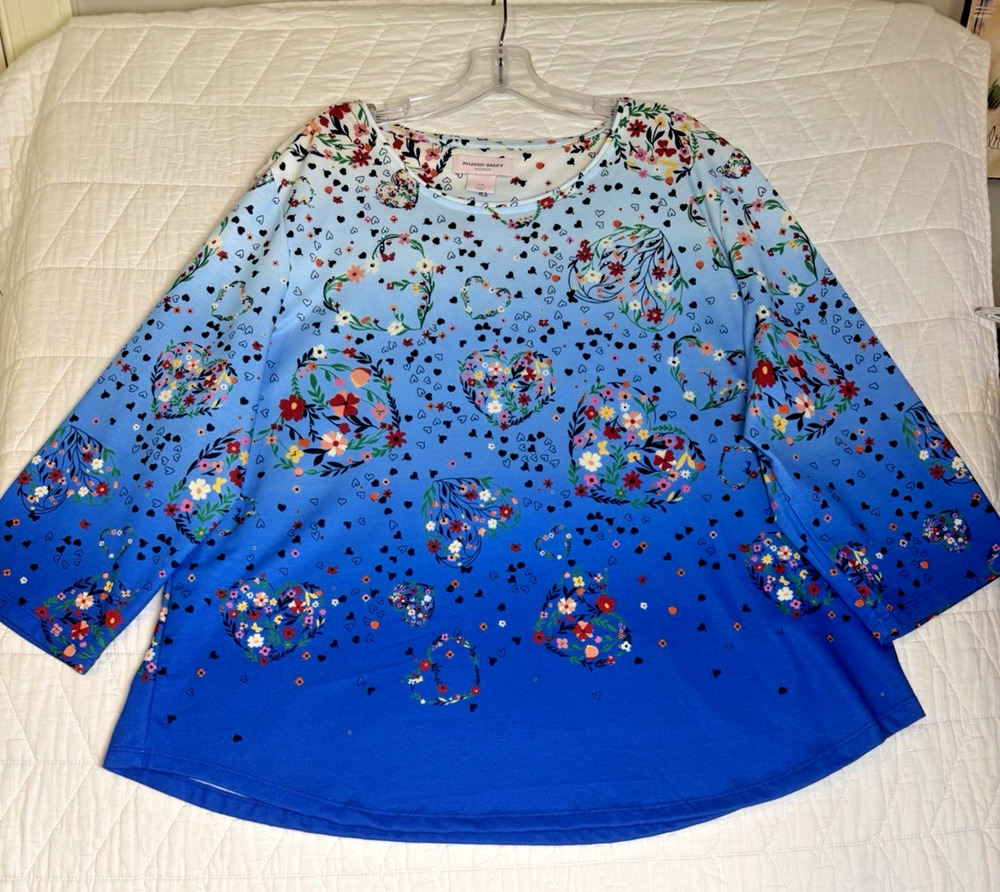 Allison Daley top blue ombre 3/4 sleeve allover watercolor hearts floral size 2X